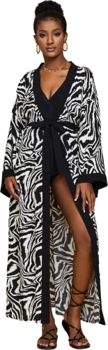 Swimsuit Coverup Kimonos for Women Bird Geometry Print 3/4 Sleeve Kimono Robe Loose Open Front Kimono Duster, D-zebra, XL