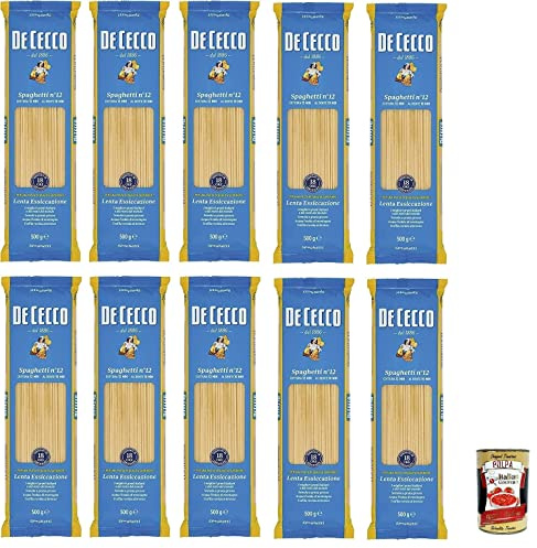 Italian Gourmet Pasta Spaghetti n. 12, Nudeln aus Hartweizen, 10 x 500g | Formato lungo per sughi classici; gekocht al dente, vielseitig für Tomate, Gesamtnettogewicht 5 kg + Kostenlos Polpa 400g