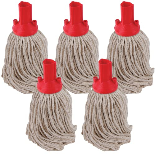 Red Disposable Cotton Mop Head Replacements PY Yarn Traditional String Mop Heads Self Threaded Socket Screw Mop Head - Colour Coded - (Pack Of 5) (Red)
