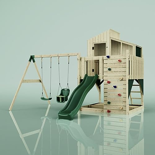 Rebo Spielturm mit Spielhaus inkl. Wellenrutsche, Kinder-Schaukel und Baby-Schaukel | Outdoor Klettergerüst Garten | Kletterwand und Kletterleiter | Stabile Konstruktion