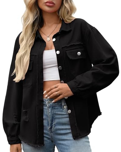 HOTIAN Damen Jeansjacke jeansjacken für damen übergangsjacke damen Vintage Jean Mantel Übergangs Ripped Denim Jacken Black M