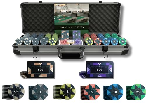 Bullets Playing CardsPokerkoffer Paulie-CASHGAME - Pokersetmit 500 Keramik Pokerchips mit aufgedruckten Werten - inkl. Doppelpack Pokerkarten, Plaques