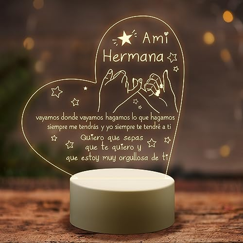 Welsky Regalo Hermana, Regalo para mi Hermana Led light, Regalos Hermanas Cumpleaños Navidad San Valentin de Agradecimiento, Luz Nocturna Acrílica Grabada