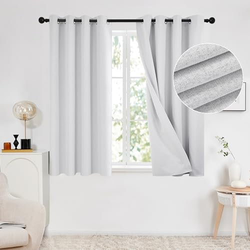 Deconovo 100% Blackout Faux Linen Curtains, Double-Sided, Thermal Insulated, Noise-Reducing, Eyelet Curtains for Bedroom & Living Room - 2 Panels (Greyish White 46x54)