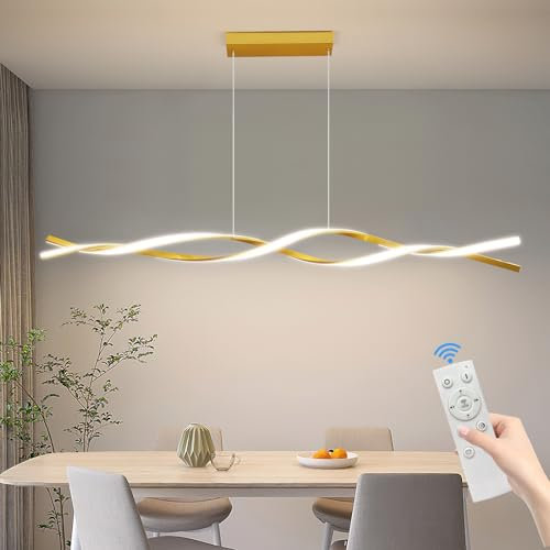 Mikeru 150CM Gold Moderne Pendelleuchte, Kücheninsel Leuchten, Höhe 150cm einstellbar LED Hängelampe mit Fernbedienung 10%-100% voll dimmbar für Cafe Esszimmerlampe Wohnzimmerlampe
