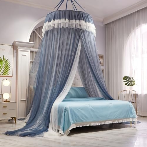 AIKASY Mädchen und Erwachsene Baldachin Bett, eleganter doppellagiger Bettvorhang, Kindertraum, rundes Spitzen-Moskitonetz, Prinzessinnen-Überdachungsnetz – passend für Doppel-, Doppel-, Queen-Size