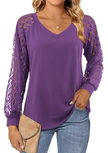 Beluring Shirt for Women Elegant Lace Long Sleeve Tops Basic Tshirt Purple Size 8 10