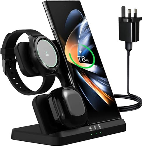 Samsung S25 Wireless Charging Stand, Fast Charger with 18w Adapter for Samsung Galaxy Watch 5 Pro/4/3, Phone S21 S22 S23 S24 S25 Ultra, Z Flip Fold Series, Note 20/10/9 & Buds 2 Pro/Live (Black)