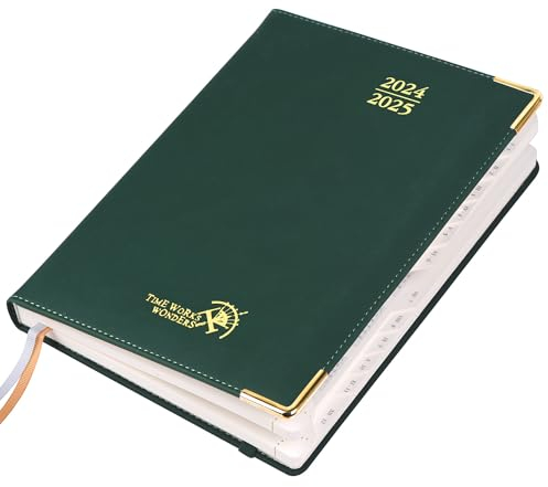 POPRUN Premium Kalender 2025 Wochenplaner (Aug.2024-Dez.2025), ca. A5 (22 x 16,5 cm), 17-Monate-Terminplaner, Buchkalender 2025 Hardcover mit Vergoldete Schutzecken, 100 GSM Papier - Waldgrün