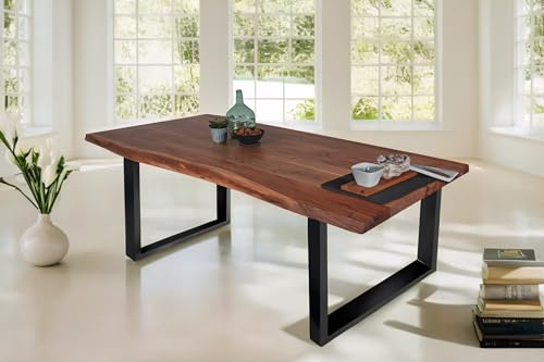 SAM Esstisch 240 x 100 cm Tomaso, Baumkantentisch nussbaumfarben, Akazienholz massiv, U-Gestell aus Metall Schwarz, echte Baumkante