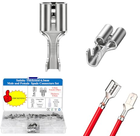 Satisby Capicorda Maschio e Femmina 6,3 mm-100 pz femminile 6.3mm connettore a crimpare non isolato e 100pz faston maschio, ottone stagnato, con guaina isolante