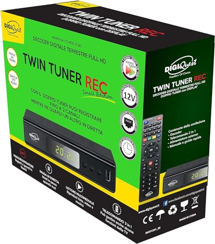 Decoder digitale terrestre 2025 Digiquest Twin Tuner Rec Decoder DVB-T2 HEVC H.265 Chipset 10bit, Decoder TV, Dual, Full HD FTA, USB, HDMI, SCART, Ethernet LAN RJ-45, Telecomando 2 in 1, Nero, Metallo