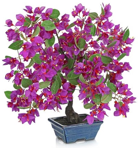Arborus Flores artificiales en maceta de cerámica, 47 cm, buganvillas, artificiales, bonsái, plantas artificiales como reales en maceta, plantas decorativas para mesa, estantería, decoración en el