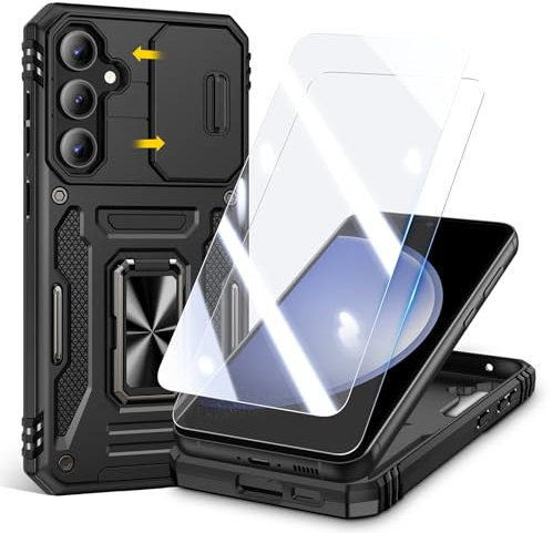 Doeshine for Samsung Galaxy S23 FE Case, 2 Pack Screen Protector, with 360°Rotate Ring Kickstand & Slide Camera Cover, Shockproof Military Drop Protection Cases for Galaxy S23 FE (Black)