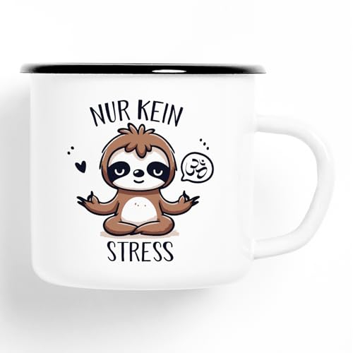 Huuraa Emaille Tasse Nur keinen Stress Yoga Faultier Geschenk 300ml Vintage Nur keinen Stress Geschenkidee