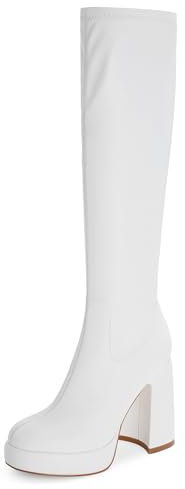 Modatope Stivali alti al ginocchio con plateau da donna con tacco grosso punta arrotondata stivali alti al ginocchio con cerniera laterale stivali alti, A-bianco, 43 EU