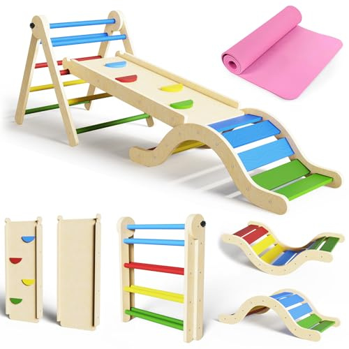 Pikler - Set triangolare 7 in 1 per bambini, montessori, set da arrampicata pieghevole, per interni con arco, rampa, scala per 1-3 anni, palestra giungla per bambini colorata