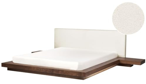 Beliani LED Bett Bouclé weiß Holzoptik braune Esche mit 2 Nachttischen Lattenrost 180x200 cm Zen