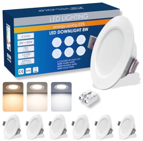 Sigmaled lighting, Foco LED Empotrable 8W 720lm, IP44 uso exterior e interior, Luz seleccionable Cálida 3000K Natural 4000K Fría 6000K, Agujero Ø95-110mm, 220V-230V AC, Foco LED ultraplano, Pack 6