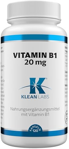 Klean Labs - Vitamin B1 (als Thiaminhydrochlorid) - 20mg pro Kapsel - 120 Kapseln - vegan, ohne Gentechnik, ohne Zusätze - zur Unterstützung der Psyche