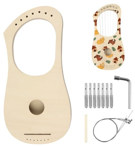 Goghost Lyre Harp 7 String DIY Kit, Wooden Instrument Kit Handmade with Basswood Body Strings Tuning Wrench Saddle Bridge Pins, Easy Assembly for Beginners and DIY Enthusiasts
