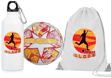 Generico Pallone con i colori della Roma calcio e scritta Forza Giallorossi + una borraccia bianca in alluminio e una sacca in nylon con stampa dei colori della tua squadra del cuore tifoso regalo
