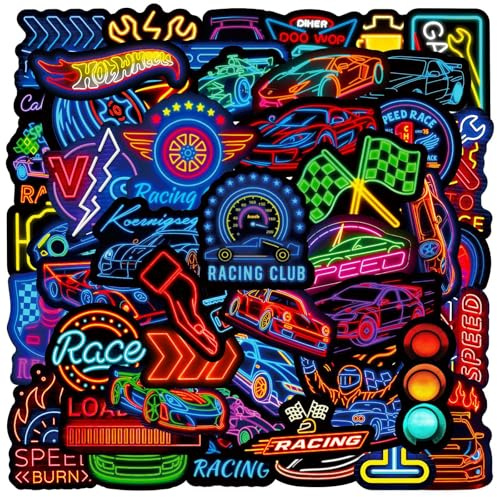 50PCS Cool Neon Racing Sticker Pack, Vibrant Car Stickers, Waterproof Vinyl Decals for Laptops, Phones, Notebooks, Luggage, Guitar, Ideal Decorative Decals for Racing Fans & Kids