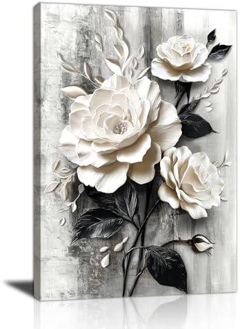 Nero Bianco Rosa Fiori Canvas Quadri Moderni Con Cornice Natute 3D Floreale Poster Stampe Da Parete Bianco Fioritura Fiori Stampa Su Tela Quadro Moderno Decorazioni per Studio Tempio Soggiorno 30x40cm