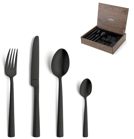 Amefa VENTURA Besteck Set 24-tlg., 18/10 Edelstahl, Schwarz, mattiert | Mattschwarz, geradliniges Design, edel für Alltag und besondere Feierlichkeiten, pflegeleicht, langlebig, rostfrei