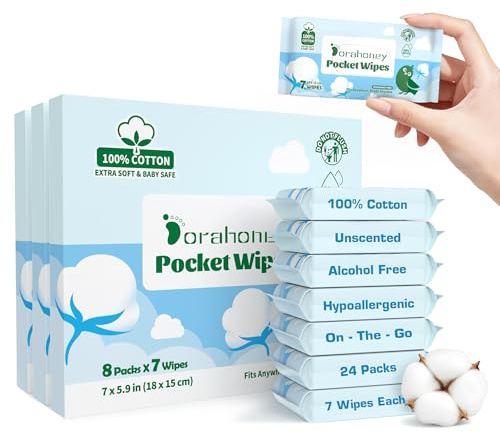 Dorahoney 100% Cotton Travel Wet Wipes, 99% Water, Unscented & Hypoallergenic Mini Wipes for Sensitive Skin, Pocket Hand & Face Wipes for Adults, Kids & Babies, Travel Essentials, 24 Packs (168 Wipes)