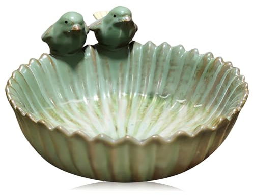 Bain d'oiseaux Résistant à l'hiver: Rond Baignoire pour Oiseaux, Grand Bain d'oiseaux avec 2 Oiseaux Décoratifs, Mangeoire pour Oiseauxs Sauvages (Vert)