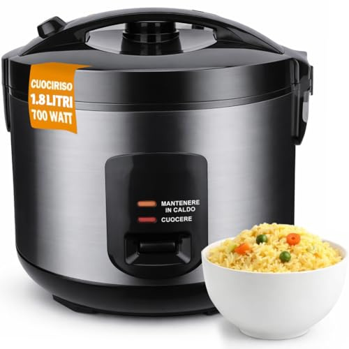 BAKAJI Cuociriso Elettrico Capacità 1.8 Litri con Cottura Automatica Sana e Veloce, Cuoci Riso Potenza 700 W per Cucina Carne, Verdure, Frutta e Fiori, Pentola Antiaderente, Facile Utilizzo (Nero)