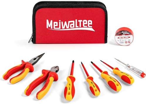 Meiwaltee 8 Pezzi VDE Isolati Set di Cacciaviti, Set di Strumenti Professionale per Elettricisti Isolato 1000V Con Estremità Phillips e Piatte Magnetiche, Pinze Isolate e Tronchesi Diagonali.