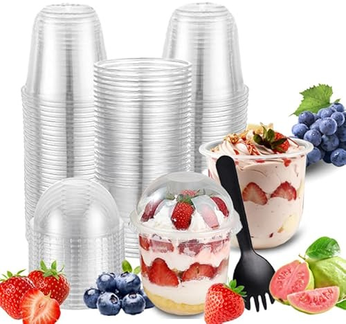 ZoneYan 50 Pezzi Tazze da Dessert Plastica, Rotonde Bicchieri Dessert, 250 ml, Finger Food Contenitori, Plastica Coppe Dessert, Coppette Desserts con Coperchio, Tazze Desserts con Cucchiaio (R)