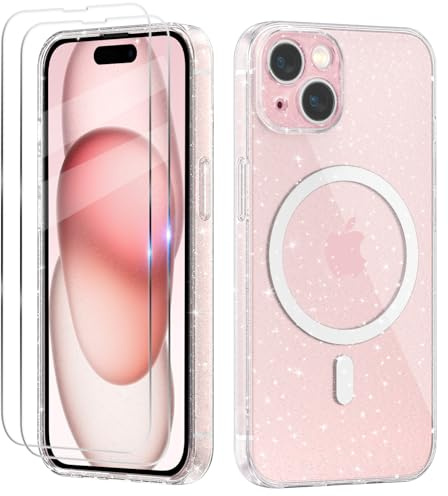 Tikgue Magnetisch Handyhülle für iPhone 15 Hülle mit 2 Stück Display Schutzfolie [Kompatibel mit Magsafe] Glitzer Transparent Silikon Schutzhülle Slim Weich Kameraschutz Case - Clear