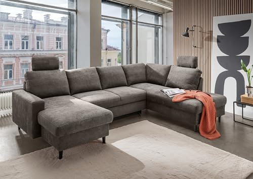 möbelando Wohnlandschaft Pris U-Form Sofa mit Ausziehfunktion, Staukasten & verstellbaren Kopfstützen – Anthrazit, 305 cm breit, hochwertiger Coroni-Bezug