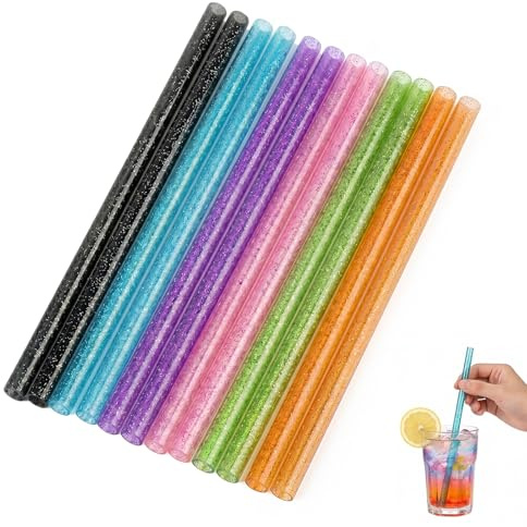 12 Pajitas Reutilizables de Plástico con Purpurina, 30cm de Largo y 10mm de Grosor, Pajitas Largas para Vasos de 40oz, Batidos y Smoothies, 6 Colores Brillantes para Fiestas y Eventos