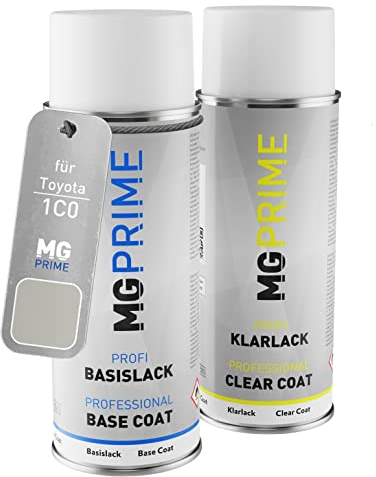 MG PRIME Autolack Sprühdosen Set für Toyota 1C0 Radiant Silver Metallic/Polarsilber Metallic Basislack Klarlack Spraydose 400ml