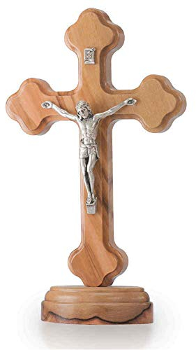 Standkreuz - Stehkreuz - Kruzifix Olivenholz Kleeblattform Jesus Korpus INRI Metall Altarkreuz 15 x 9 cm Trauerkreuz