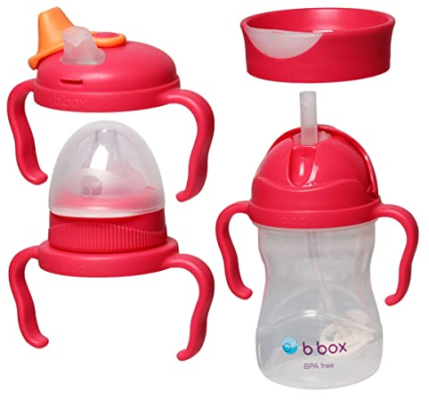 b.box 4 Lids in 1 Cup for Baby Feeding | 240 ML Spill Proof Toddler Training Bottle | Transition Sippy Cup with BPA Free Premium Silicone Plastic, Dishwasher Safe (Raspberry)