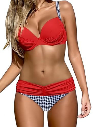 Ocean Plus Damen Gestreiftes Bikini-Set mit Brustpolster Bikinis Push Up mit Bügel Zweiteiliger Bademode (S (EU 34-36), Rotes und blaues Gitter)