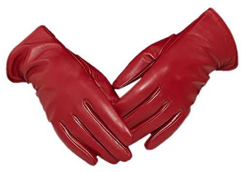 ZLUXURQ Damen Weiche Rot echte Lammfell Leder Leder kaltes Wetter Touchscreen Handschuhe Kaschmir gefüttert