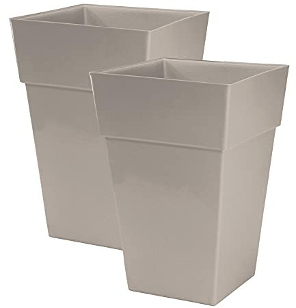 Moda Milano 28L 28 Litre Plastic Gloss Planters, Set of 2 - MUSHROOM Colour - Dimensions: 46cm (H) x 31cm (W) x 31cm (D)