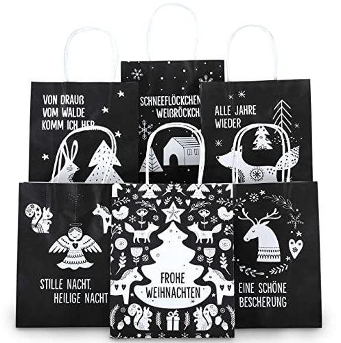 Papierdrachen 6 Bedruckte Henkeltüten zu Weihnachten - Schwarz - 22x18x8cm - weihnachtliche Geschenkverpackung - Geschenktüten Set 3
