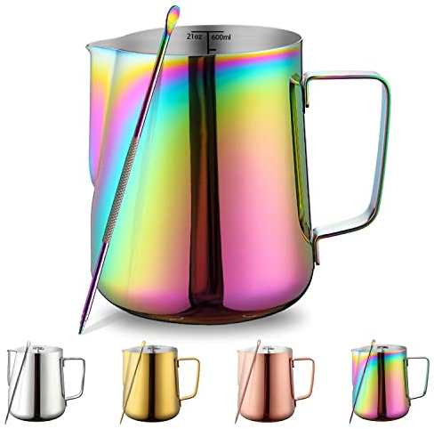 Milk Jug 21oz 620ml, Kyraton Stainless Steel Espresso Steaming Pitchers with Decorating Pen, Milk Frother Jug Cappuccino Latte Art Barista Steam Pitchers Milk Jug Cup (Rainbow)