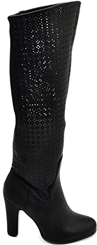 Stivale Donna Alto Rigido in Pelle Nero Traforato Tacco Largo Liscio Linea Basic a Punta Tonda Moda Altezza Ginocchio (39 EU)