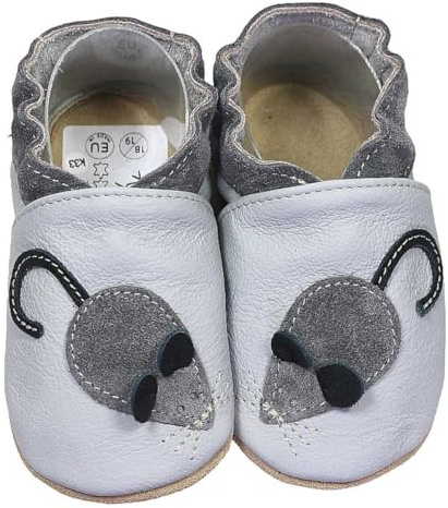 HOBEA-Germany Krabbelschuhe für Jungs und Mädchen in verschiedenen Designs, Kinderhausschuhe Jungen, Lederschuhe, Schuhgröße:22/23, Modell Schuhe: Maus grau