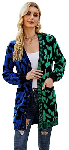 HEYPORK Damen Herbst Winter Warm Bequem Jacke Casual Mode übergangsjacke Mantel Frauen Leopardenmuster Pullover Strickpullover Strickjacke Mittellange Jacke(Grün, XL)