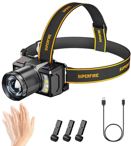 SuperFire LED Stirnlampe Wiederaufladbar Kopflampe, Superhell 50000 Lumen 2400mAh Akku Einstellbar Zoombar mit Rotlicht & Bewegungssensor 8 Lichtmodi für Joggen Laufen Campen Angeln Wandern