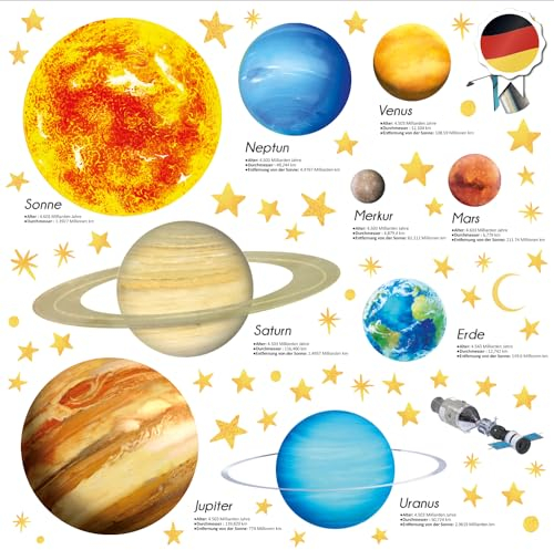 DECOWALL DS9-2007DE Sonnensystem Wandtattoo Kinder Zimmer Dekoration Wohnzimmer Schlafzimmer Spielzimmer Dunkel Erde Sonnenspielraum Bildung Baby Jungen Mädchen Stern (deutsche Version)